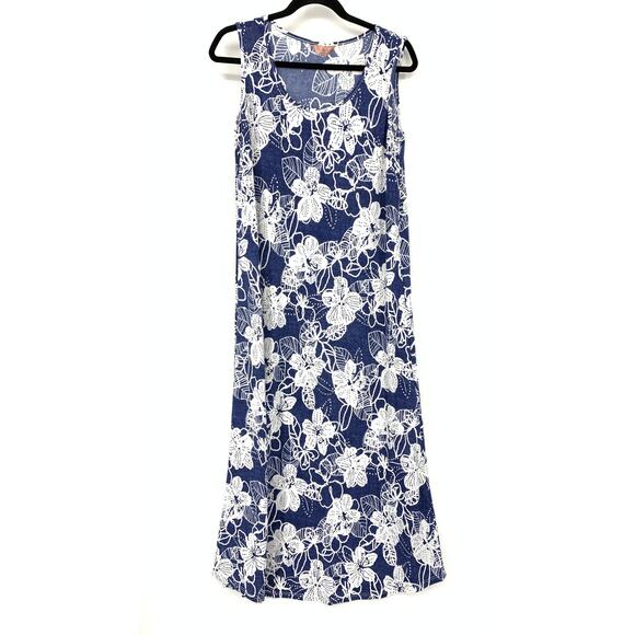 SJS Midi Dress Womens Size Large Sleeveless Blue + White Floral Print A-Line - Picture 1 of 7